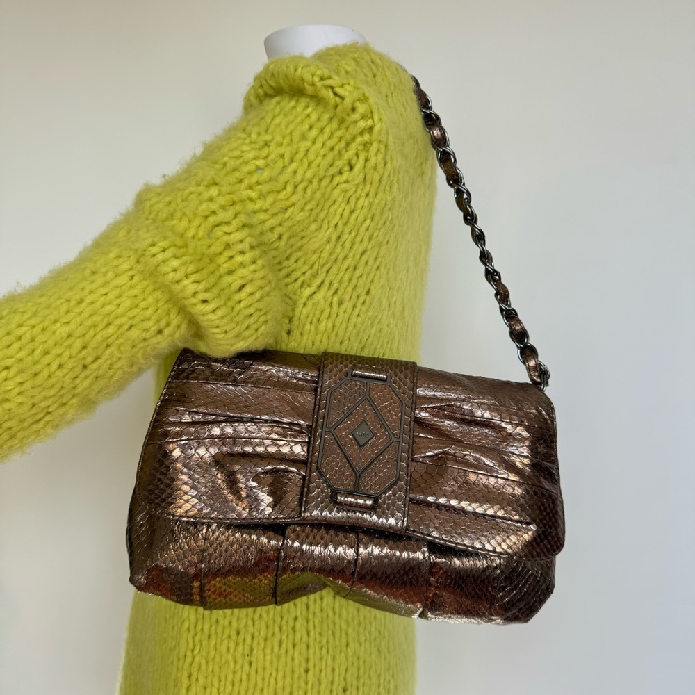 RAFE New York Shoulder Bag Chain Genuine Python Snake Skin Metallic Bronze